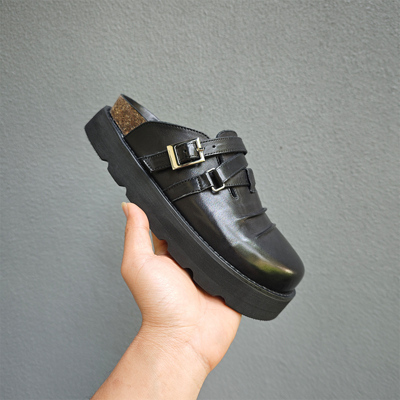 Washed Horsehide Handmade Shoes, Thick-Soled Birkenstock Shoes, Genuine Leather Cork Toe-Toe Slippers, Retro Slip-On Women's Height-Increasing Slippers