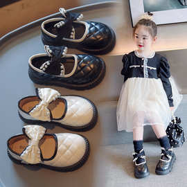 女童公主鞋2024春款儿童可爱蝴蝶结珍珠演出鞋小中大童黑色小皮鞋