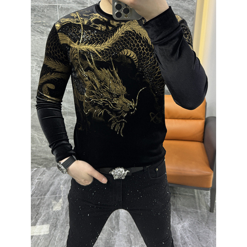 European-style trendy fashion men's autumn new gold velvet long-sleeve round-neck printed sweatshirt slim-fit base shirt top European-style trendy fashion men's autumn new gold velvet long-sleeve round-neck printed sweatshirt slim-fit base shirt top