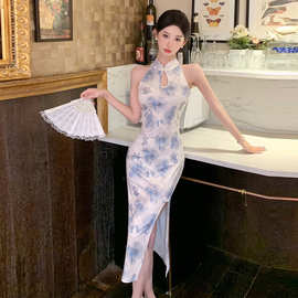 9122欧美东南亚外贸批发2026女装国风印花改良旗袍开叉显瘦连衣裙