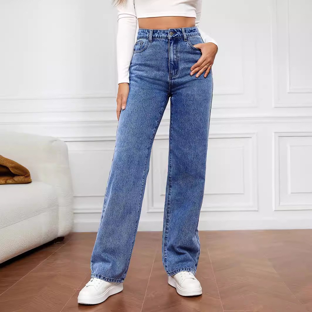 Women's Clothing Washed Denim Fashion Straight Trousers Jeans Women's Pants_ecoleips.com