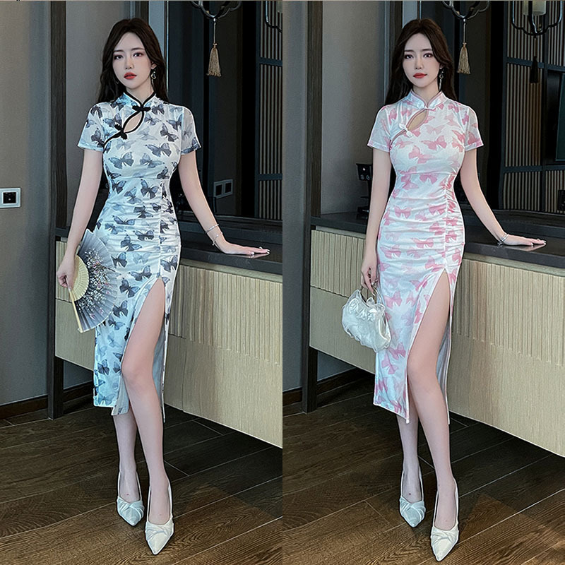 Chinese-Style Cheongsam for Young Girls, Sexy Long Dress with Waist-Cinching, Slimming, Vintage Print, Modified Slit, Bodycon Dress
