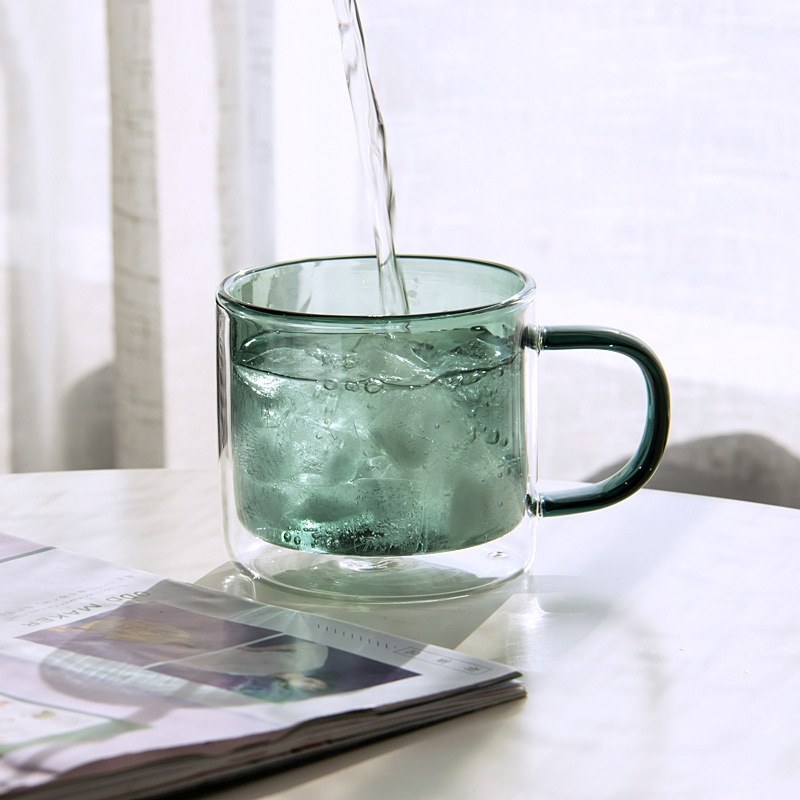 彩色透明玻璃水杯咖啡杯马克杯高硼硅玻璃绿茶杯带把玻璃杯双层杯