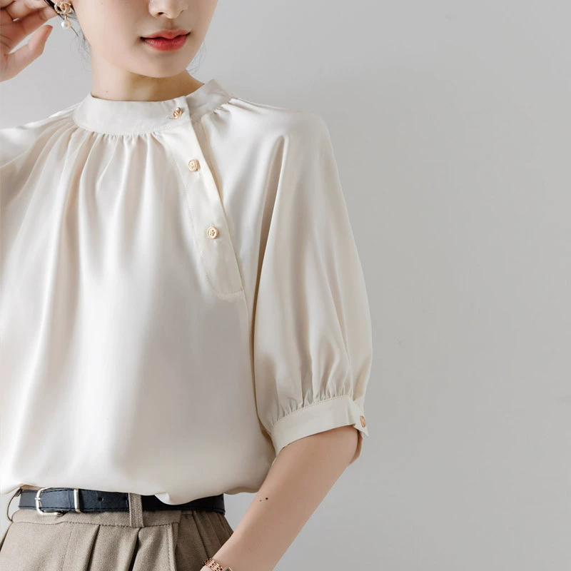 YS8 в наличии, элегантная рубашка с короткими рукавами и диагональными пуговицами во французском стиле ретро для женщин, летний дизайн, ниша, профессиональная одежда для поездок на работу
