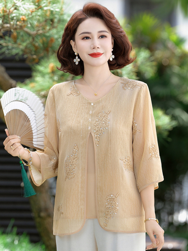 中年妈妈洋气衬衫夏装新款七分袖上衣中老年夏季时尚国风套装女衣|undefined