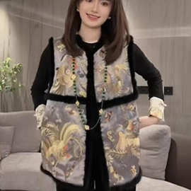 新中式国风棉马甲女款冬季无袖坎肩外搭加厚夹棉刺绣复古盘扣上衣