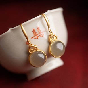 Pure silver ancient gold inlaid natural smoke purple and Tianyu Ping'an buckle Chinese style court retro earrings small earrings