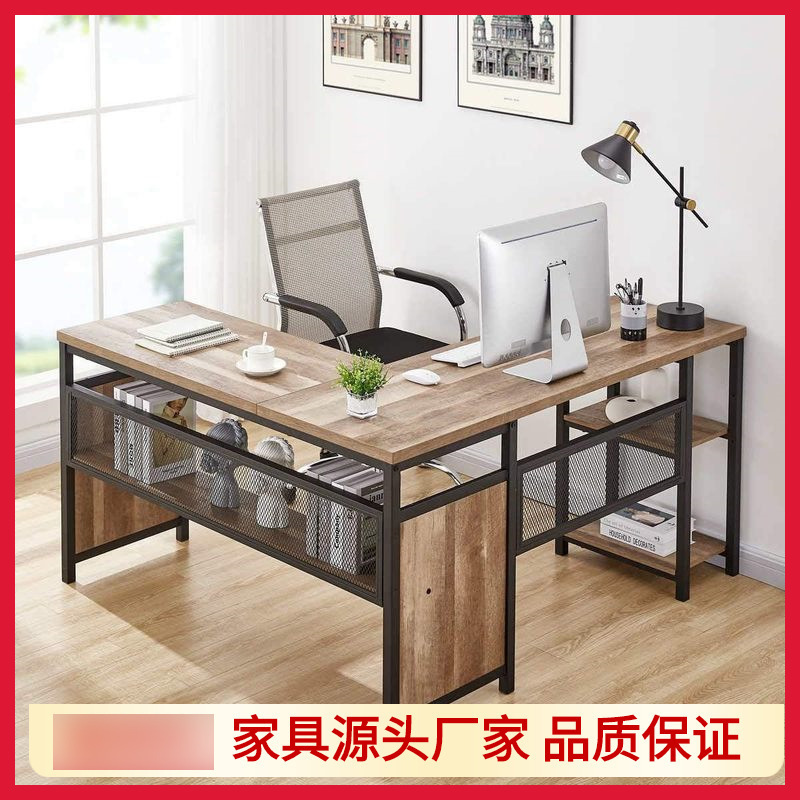 Left and Right Interchangeable Panel Iron Frame Corner Table L-Shaped Computer Desk with Shelf Industrial Desk for Home Office