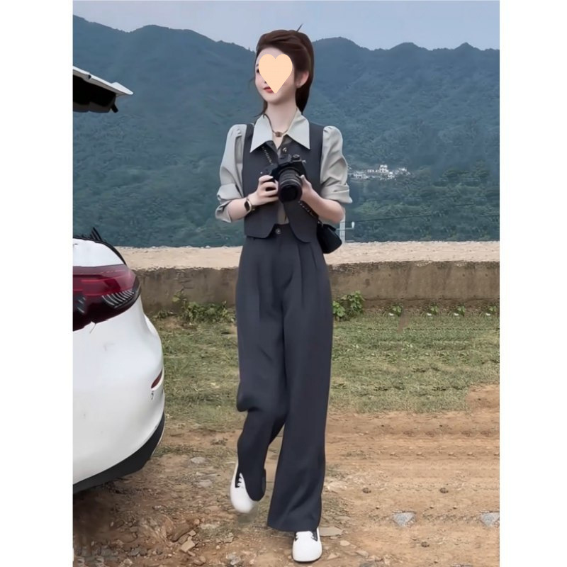 小个子减龄气质套装女2025春季新款长袖衬衫马甲长裤显瘦三件套|undefined