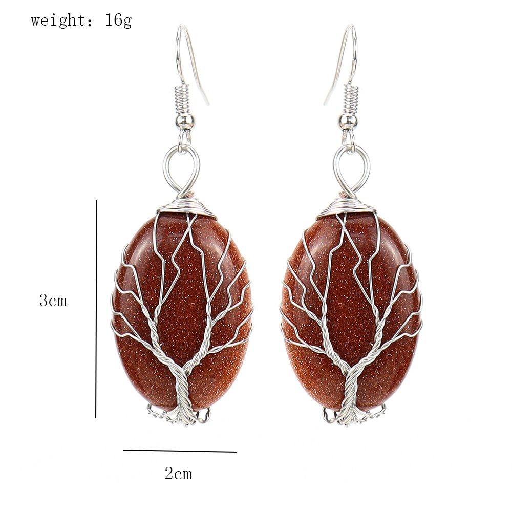 1 Par Estilo Étnico Árbol Oval Aleación Piedra Natural Hecho A Mano Pendientes De Gota display picture 1