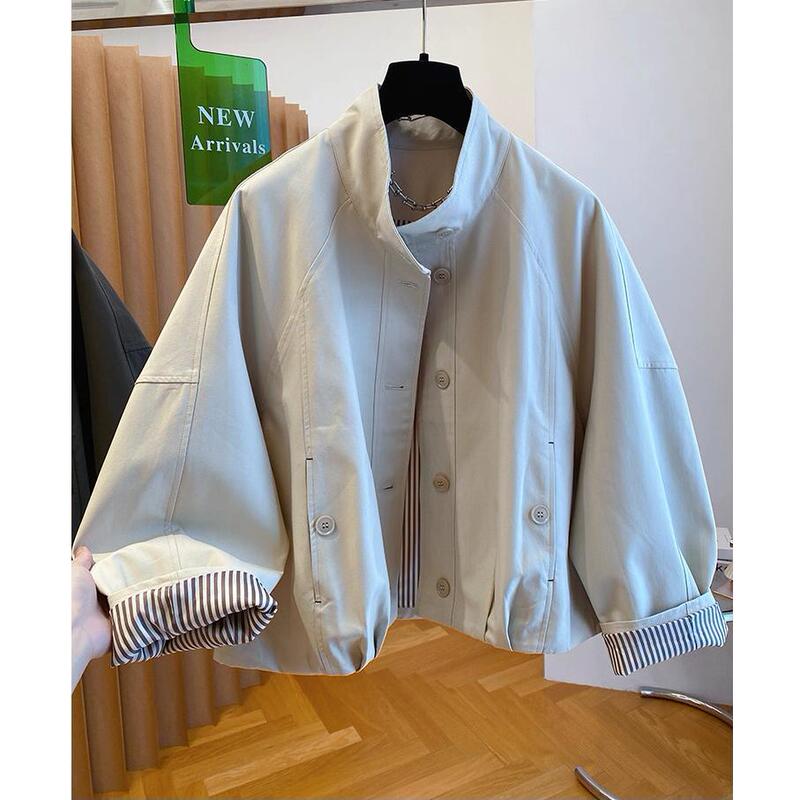 European-style British fashion stand-up collar jacket for women, 2026 new model, loose casual short trench coat with striped lining European-style British fashion stand-up collar jacket for women, 2026 new model, loose casual short trench coat with striped lining