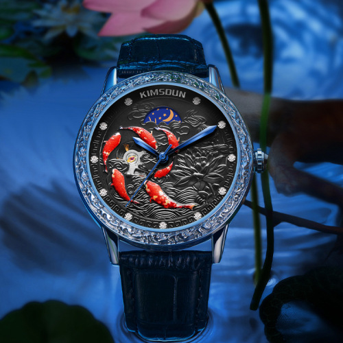 New Kingston watch 3D relief koi hollow fully automatic mechanical watch moon phase watch men's waterproof men's watch