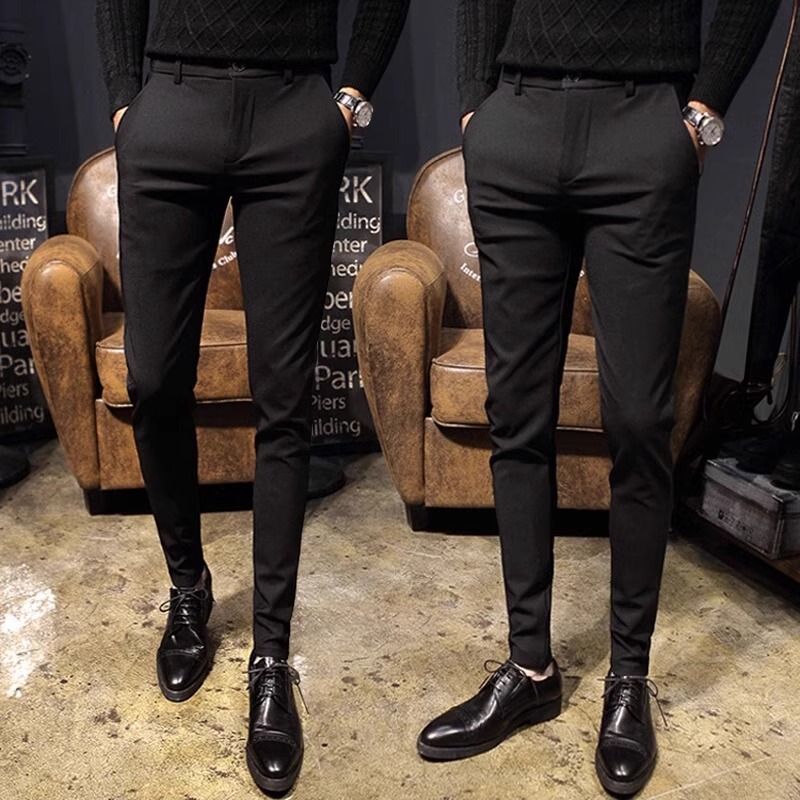 Internet celebrity skinny suit pants men's slim fit Korean style trendy evening stretch tight casual pants light mature business cropped pants
