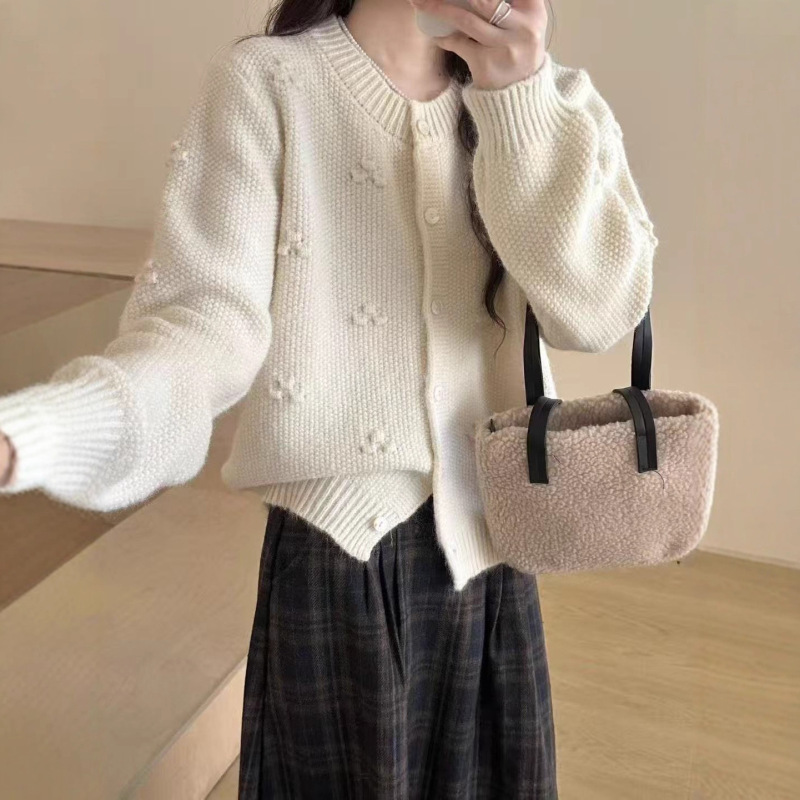 重工设计高级感手工立体花朵针织开衫上衣女2025秋季新款毛衣外套|undefined