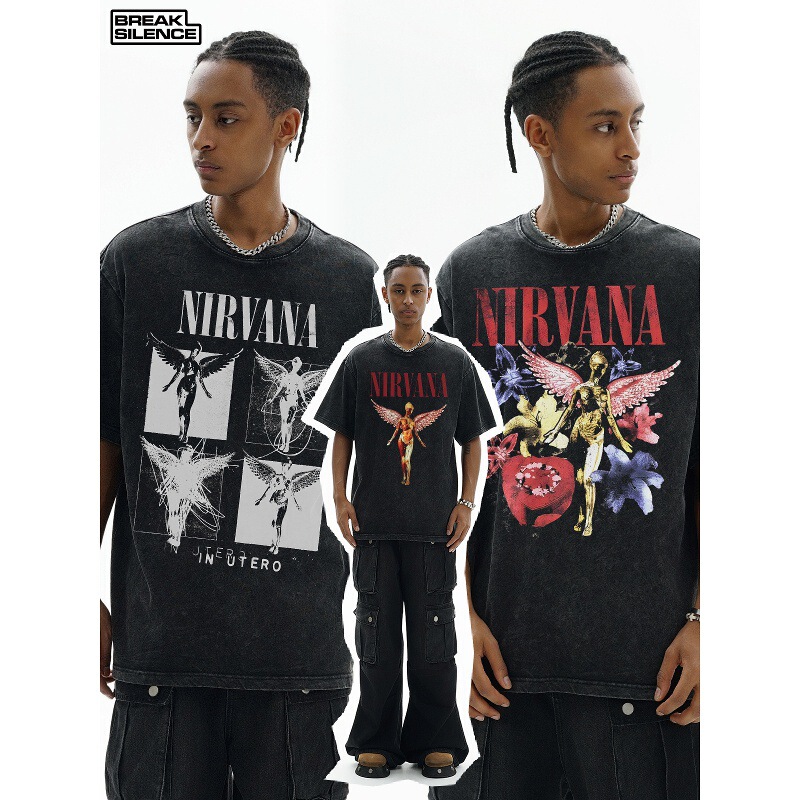Nirvana Rock American Retro Short-Sleeved T-Shirt Washed Heavy Cross-Border Printing American Fashion Vintage Men
