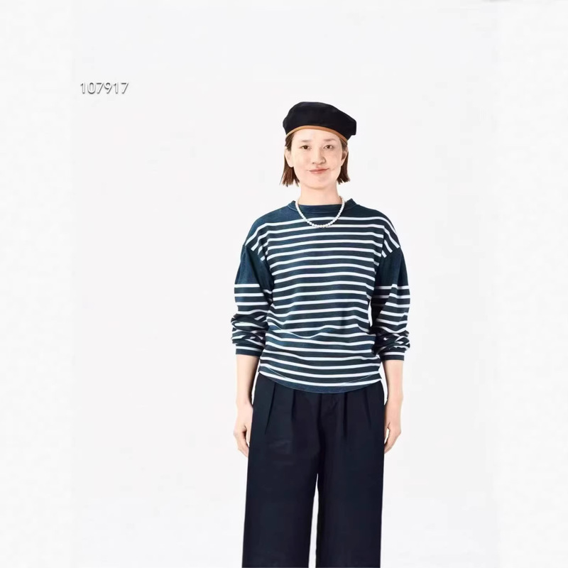 Japanese-Style New Basque Indigo Striped Loose Casual Simple Versatile Bamboo Cotton Round-Neck T-Shirt Women's Top Japanese-Style New Basque Indigo Striped Loose Casual Simple Versatile Bamboo Cotton Round-Neck T-Shirt Women's Top