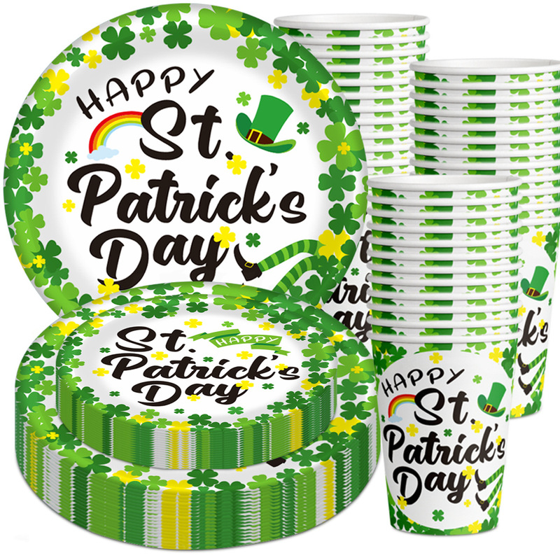 Cross-border 2025 new St. Patrick's Day children's party party layout paper cup plate knife fork spoon suit Cross-border 2025 new St. Patrick's Day children's party party layout paper cup plate knife fork spoon suit