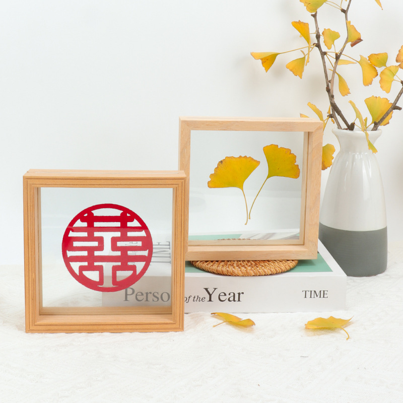 Double-sided glass transparent table three-dimensional leaf specimen solid wood photo frame wholesale square a4 hand-embossed picture frame
