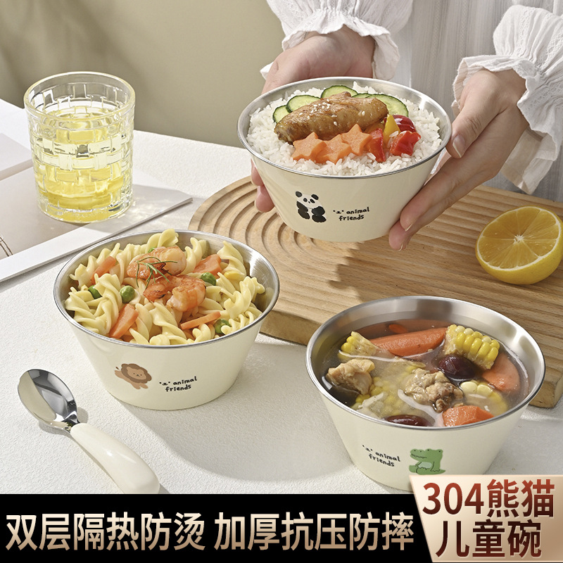 304 Stainless Steel Children's Dining Bowl Cartoon Cute Fun Baby Dining Bowl Fork Spoon Tableware suit Double Layer Anti-scalding Rice Bowl