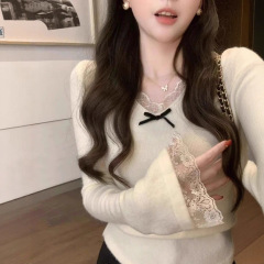 法式小香风蕾丝花边v领针织衫女秋冬纯欲风显瘦修身内搭打底上衣