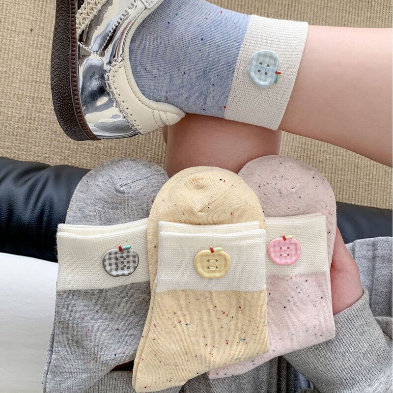 Apple Button Socks Women's Korean Niche Design Simple Point Yarn Short Socks Cartoon Cute Spring and Summer Socks