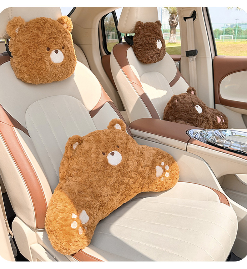 Cartoon Bear Car Headrest Plush Comfortable Car Seat Pillow Neck Pillow Cute Doll Car Waist Cushion