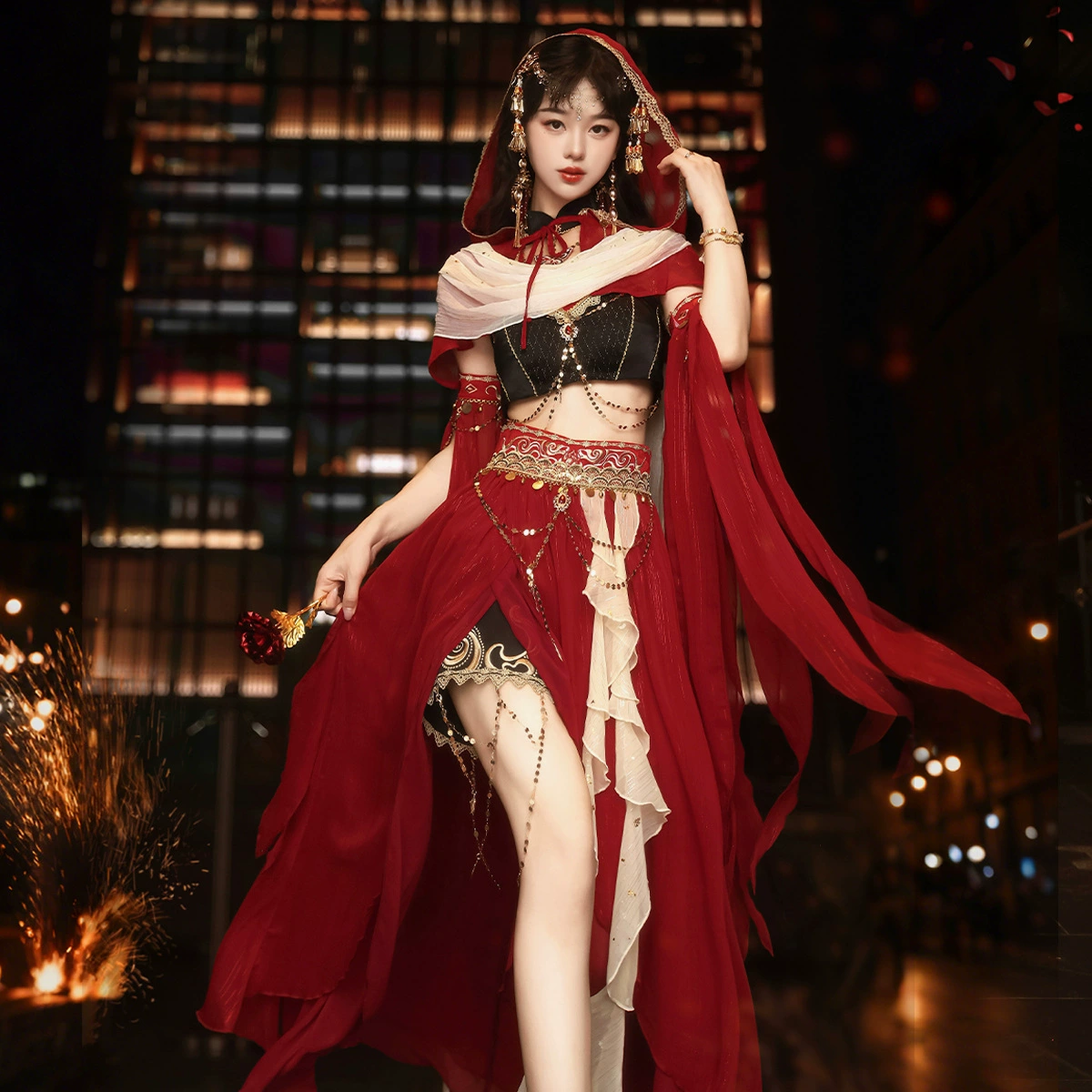 Оригинальный комплект Yimengge «Пустынный путешественник»: женский комплект из ханьфу с шалью, безрукавной юбкой-шортами и бретельками, модель 9523