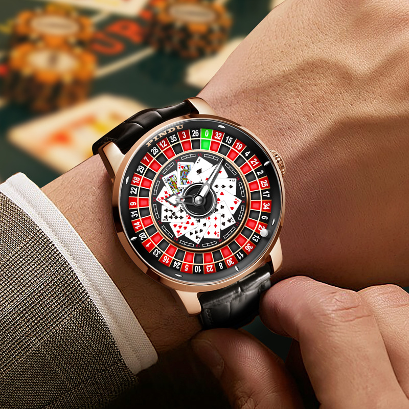 Đồng hồ nam automatic lộ máy mặt số trò chơi roulette — Thẻ đỏ da đen, Hồng nhãn đỏ da xanh, Hồng đỏ thẻ xanh da, Hồng da đỏ vành đai lưới