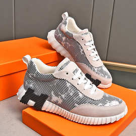 欧洲站男鞋2025新款夏季运动休闲鞋真皮拼接布透气轻便跑步鞋子男