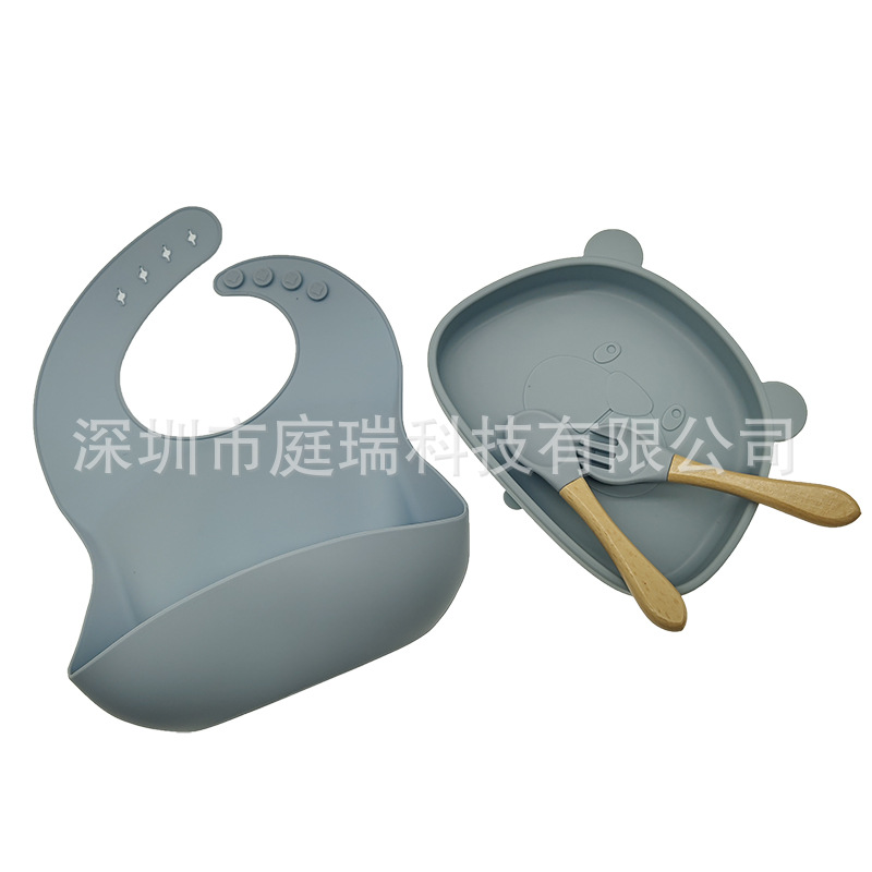 Gris y azul (babero + Placa de oso + cuchara tenedor mango de madera)