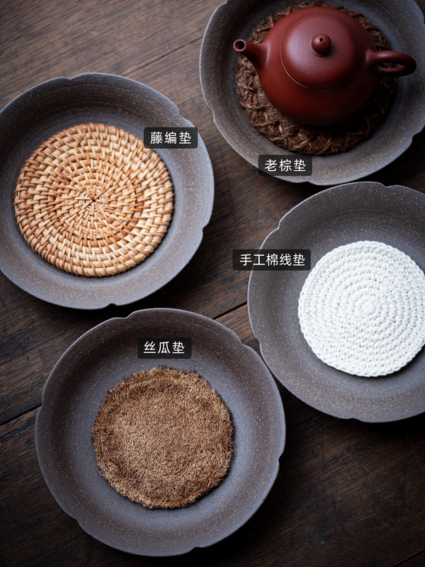 ◔ Rustic Unglazed High-Temperature Coarse Pottery Tea Set with Flower-Shaped Teapot Holder, Vintage Dry Brewing Platform, and Teapot Mat