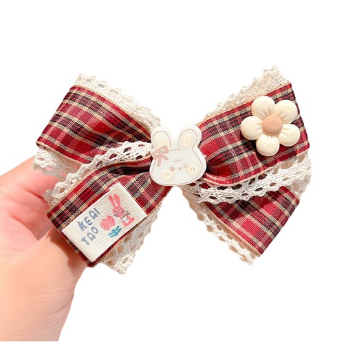 New product pre-sale Korean style children's milk hairpin little girl sweet plaid bow hairpin headdress lace