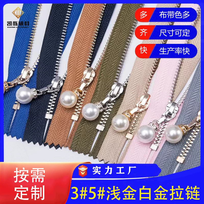 3#5#Light golden white gold, brass tooth luggage clothing real copper with pearl tie head 3 metal closed tail zipper