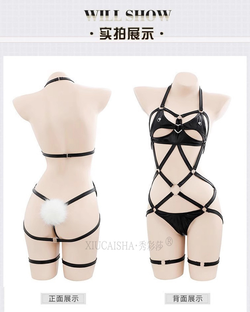 Bunny Girl Lingerie Costume Set with One-Piece, Headpiece, Cuffs and Red Fishnet Stockings — detail image 21