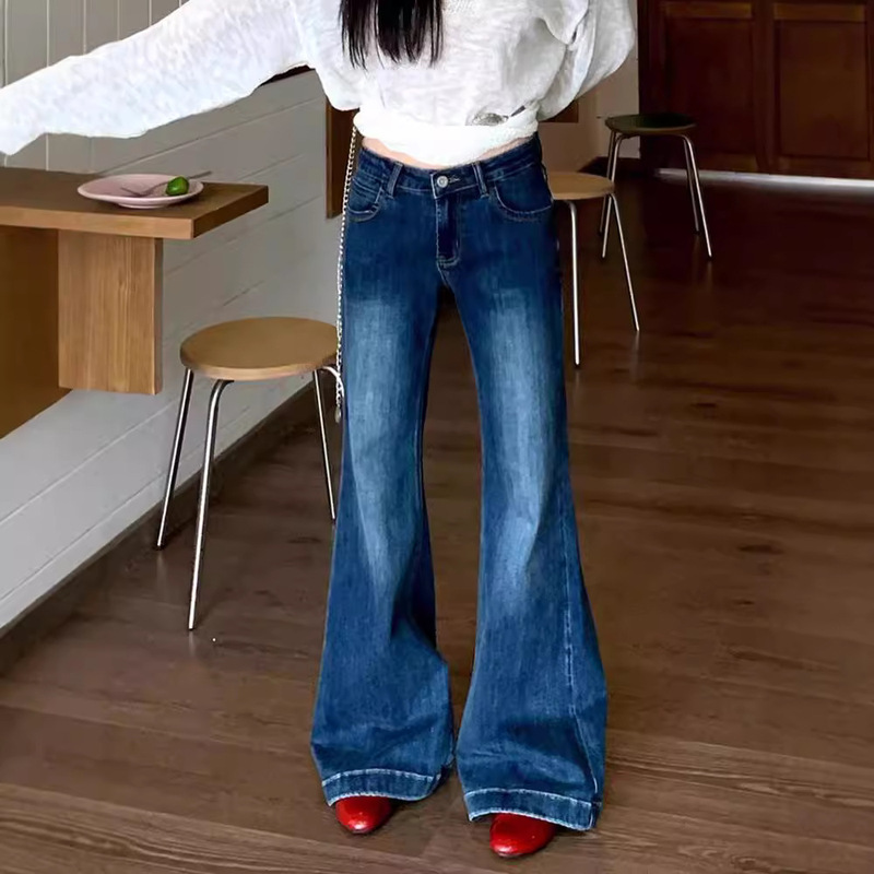 American Style Retro Old dark blue Jeans Women's Summer Y2K Millennium Style Hot Girl Low Waist Micro Horn Mop Pants