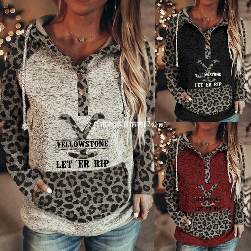 Cross-border Amazon independent site Shopify leopard print patchwork Yellowstone National Park printed women's sweatshirt Cross-border Amazon independent site Shopify leopard print patchwork Yellowstone National Park printed women's sweatshirt