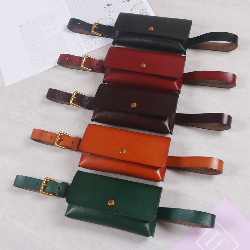 European and American Style Plain Color Two-Layer Genuine Leather Rectangular Phone and Lipstick Waist Bag, Simple and Versatile Belt for Women