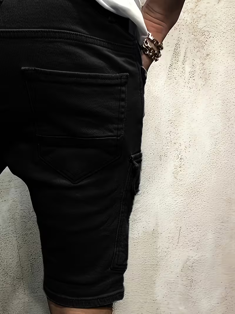 Men's Ripped Denim Shorts, Summer Stretch Cotton Cargo Shorts With Side Pockets, Slim Fit Casual Streetwear Style_viptrois.com