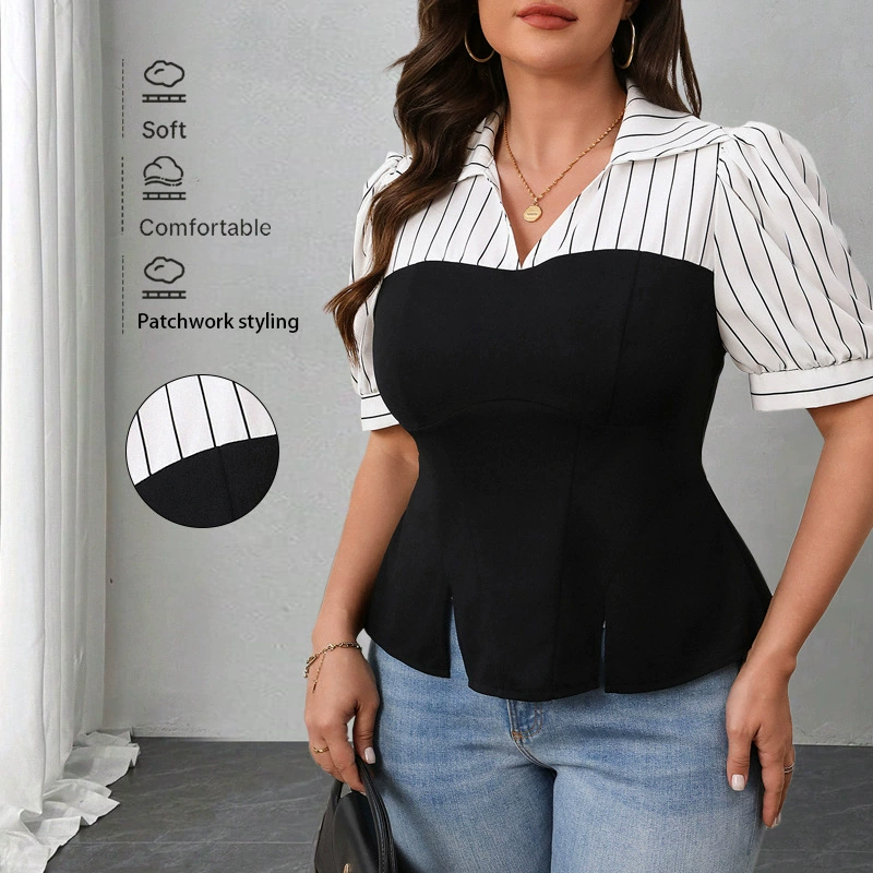 Европейский и американский стиль 2025 новая женская трансграничная торговля полосатый сшитый топ Летний тонкий топ Amazon с короткими рукавами