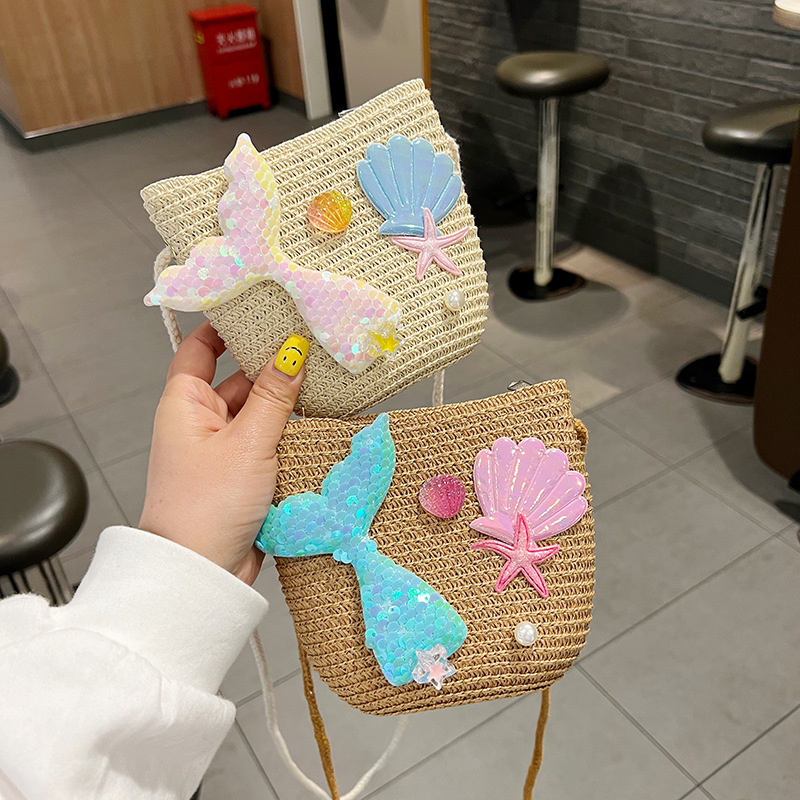 Nylon Lining Material Kid'S Straw Cartoon Cute Square Zipper Shoulder Bag
