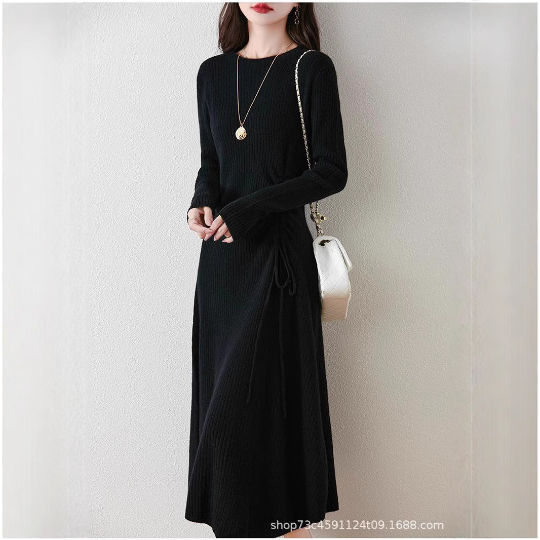 2025 양모 니트 원피스 여자 가을과 겨울 한국 스타일 중장 무릎 길이 캐시미어 스커트 드로우 스트링 A 라인 스커트