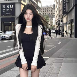 TZ6333辣妹高级感黑白拼色镂空设计感连衣裙女小众百搭别致包臀裙