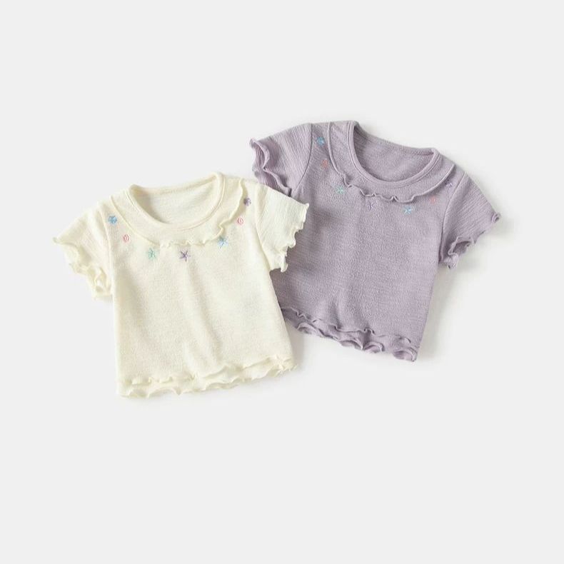 Korean style girls' short-sleeved T-shirt, summer wear, sweet round neck base layer, fashionable embroidered top for baby girls.