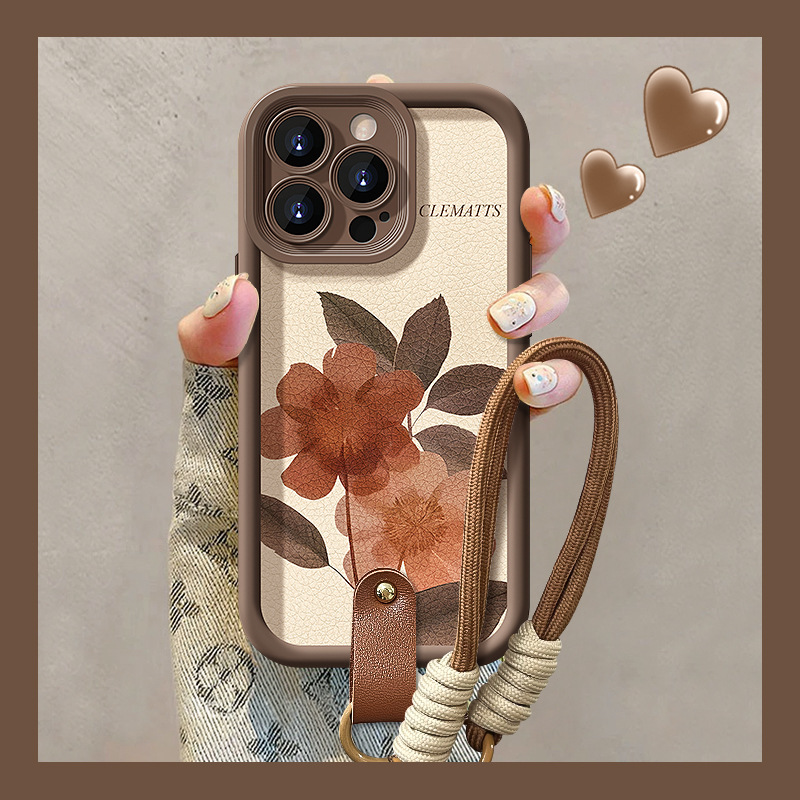 Oil painting watercolor flower lanyard for Apple 16PRO lambskin phone case 15/14plus silicone anti-fall 13 women