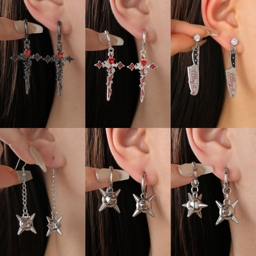Dark Thorned Spikenard Rose Heart Cross Pendant Earrings for Women with Chain Rivets Punk Earrings for Men