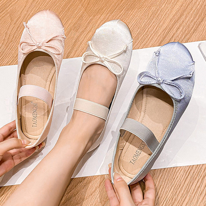 Giày búp bê nữ Mary Jane đế bệt mũi tròn thắt nơ chất liệu satin — Lụa thật màu hồng, Lụa thật màu trắng, Màu xanh lam lụa thật