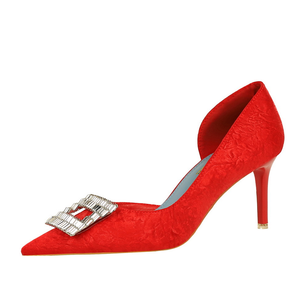 6168-AK50 Korean Style Fashion Party Women's Thin High Heel Fabric Shallow Mouth Pointed Toe Metal Rhinestone Buckle_vogvips.com