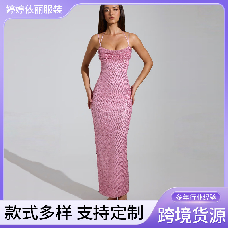 European and American Cross-Border Fashion Sexy Women's Sequined Spaghetti Strap Long Dress with Rhinestones, Backless and Slit Dress Wholesale