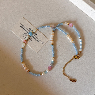 Spring and Summer Fresh Pink and Blue Niche Beaded Necklace, Versatile and High-End Clavicle Chain, New Sweet Necklace for Girls