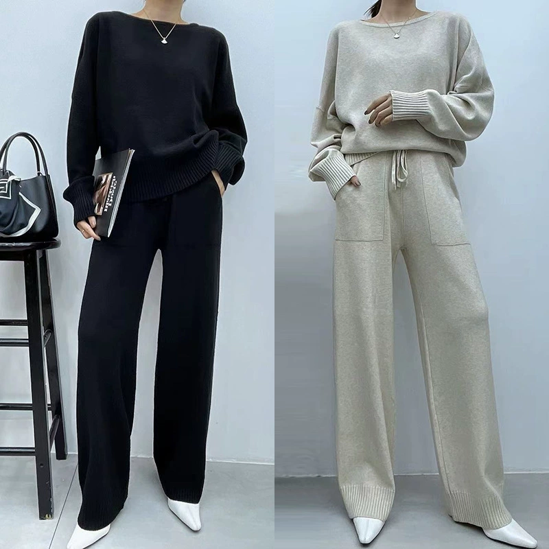 Трикотажный костюм женский 2024 весна новый свободный круглый вырез рукав летучей мыши свитер с рукавами, свисание широкие брюки, набор из двух частей